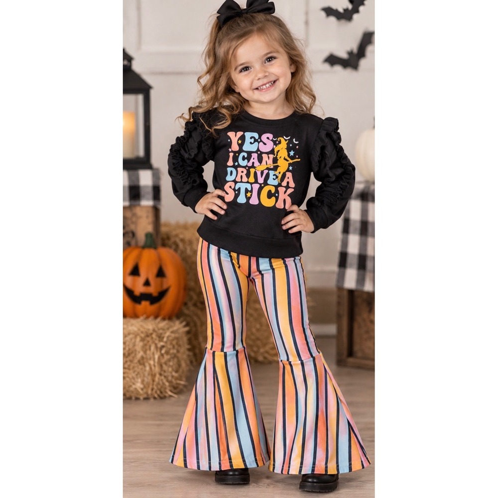 Marie Nicole Girls Halloween Outfit Witch Drive A Stick Striped Bell Bottoms 2T